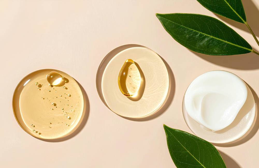 Tres texturas de activos cosméticos sobre fondo neutro que representan la diferencia de concentración en productos de dermocosmética
